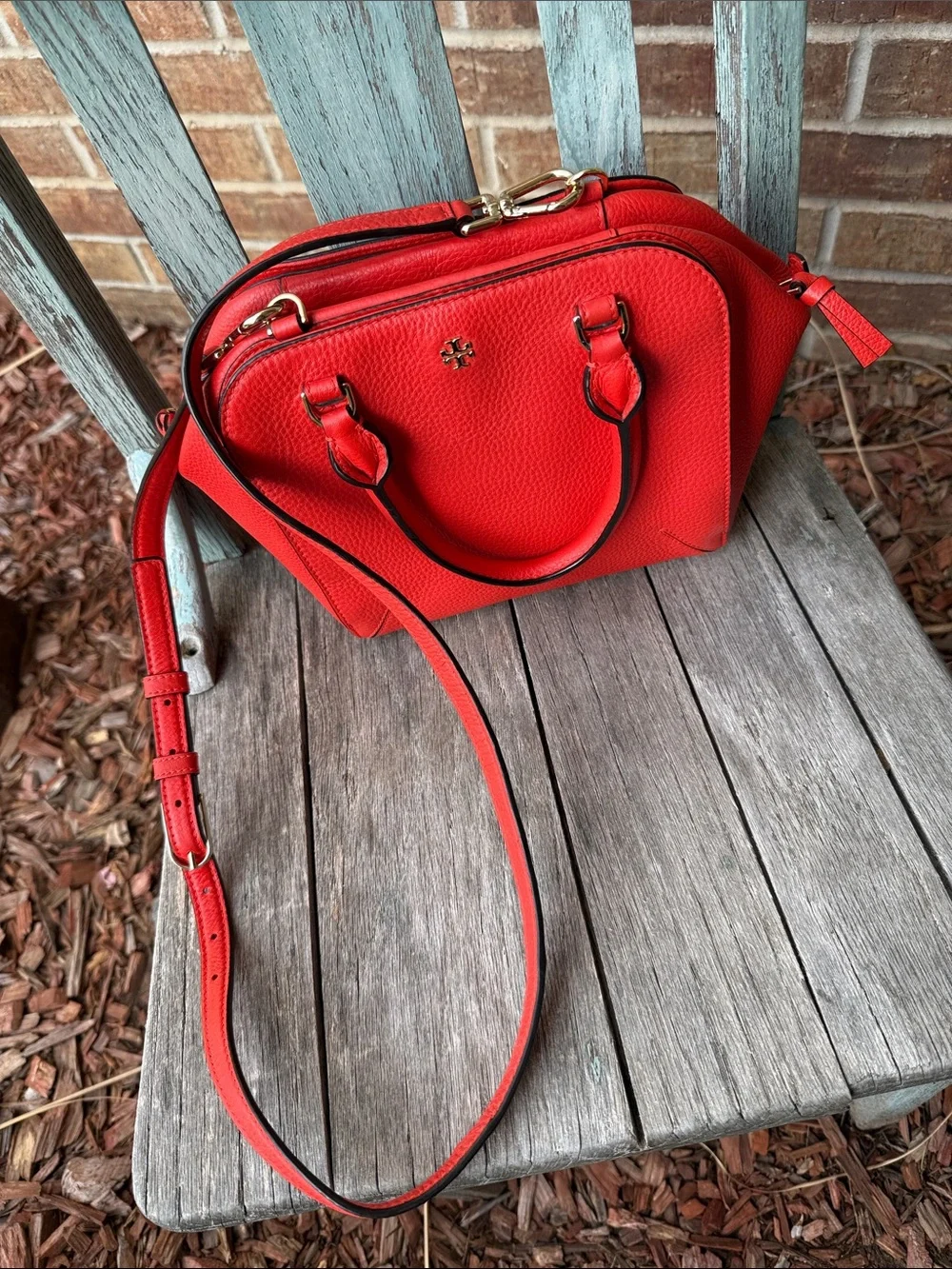 Tory Burch Coral-Red Pebbled Leather Mini Satchel with Detachable Strap